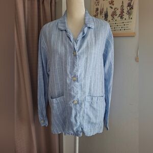 The Sleep Code Linen "Light & Breezy" Blue Sleepshirt Stripes Size Large